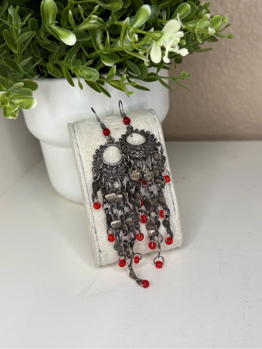 Vintage Boho Silver Chandelier Dangle Earrings Red Bead Fringe Statement